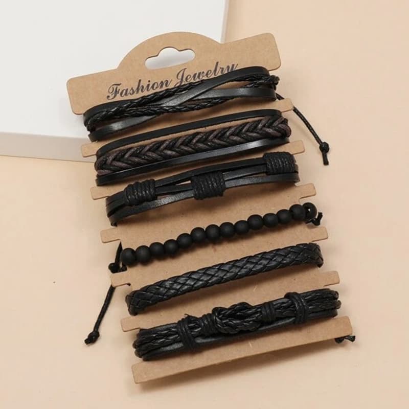 TEMU 6pcs/set Faux Leather Punk Style Black Handmade Bracelets Men Jewelry Additions Gifts