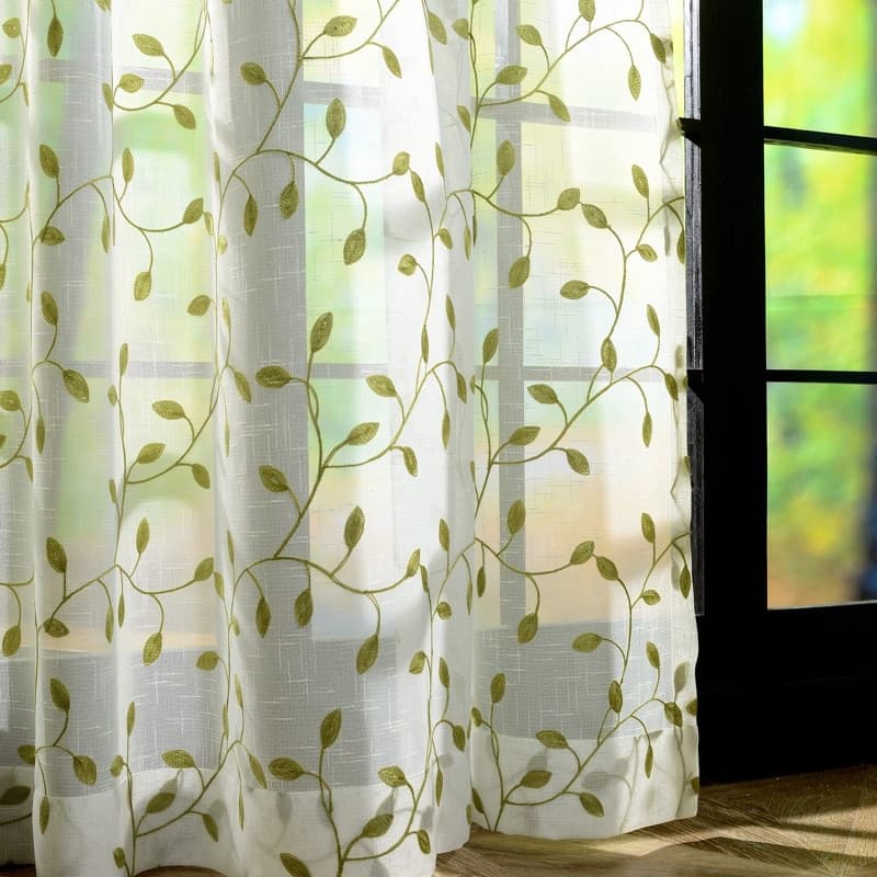 TEMU 1pc, Green Leaf Curtain Embroidered Sheer Curtain Panel For Bedroom Kitchen Breathable Rustic Curtains For Room Home Decoration