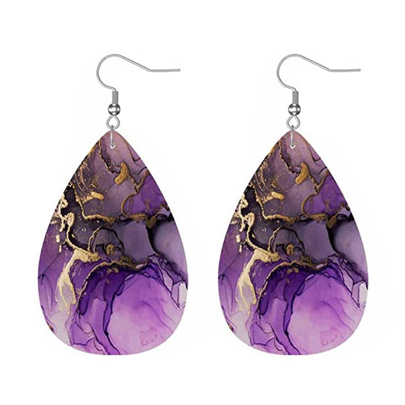 TEMU 1 Pair Purple Golden Marbling Painting Faux Leather Earrings For Women Lightweight Earrings Creative Fashion Teardrop Earrings Jewelry Perfect For Holiday Party And Daily Wear Holiday Gift
