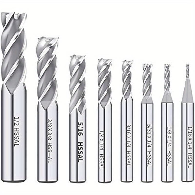 TEMU 1/8" 3/16" 1/4" 5/16" 3/8" 1/2" High Hss 4 Flute Straight End Mill Cutter 5/32" 1/16" Set Of 8