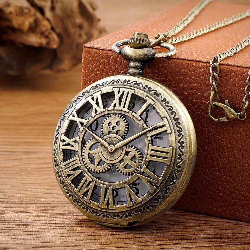 TEMU Steampunk Vintage Roman Quartz Pocket Watch Bronze Case Necklace Chain Pendant Clock For Men Women