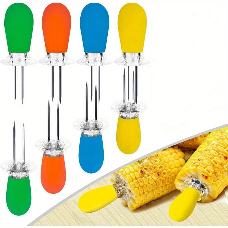 TEMU 8pcs/4pcs Corn Holders, Stainless Steel Corn Cob Holders Skewers For Bbq Sweetcorn Holders, Interlocking Design Corn Skewers Forks For Bbq, Random Color