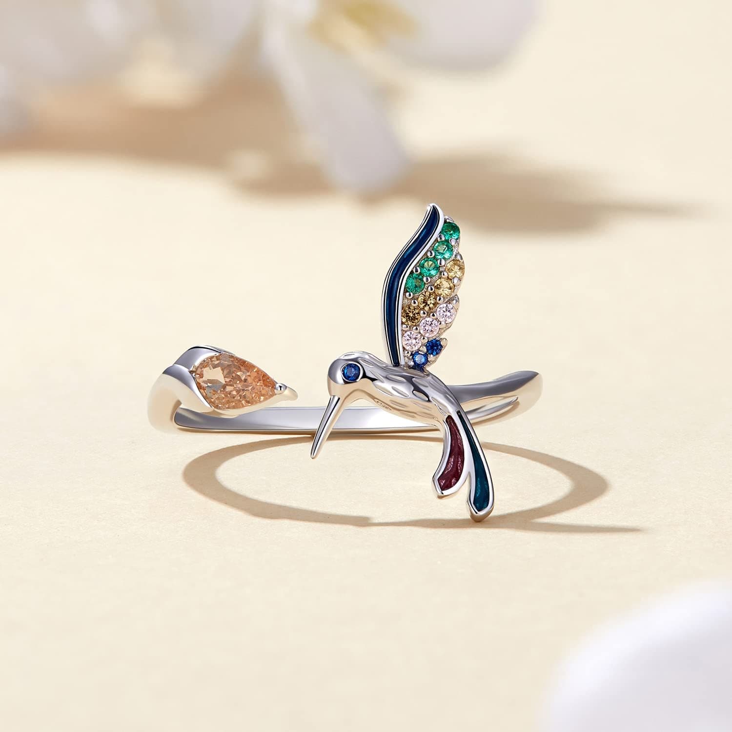 TEMU Women's Elegant Hummingbird Ring With Colorful Oil & Synthetic Zirconia Accent - Copper Open-end Design, Vibrant, Green, Red, Yellow, Pink, Purple