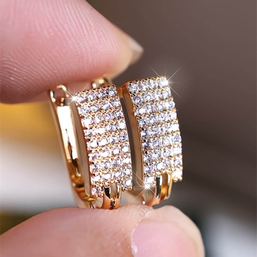 TEMU 1 Pair Luxury Women Golden Color Stud Earrings 4 Row Micro-wax Inlay Zirconia Earrings Bride Wedding Fine Jewelry