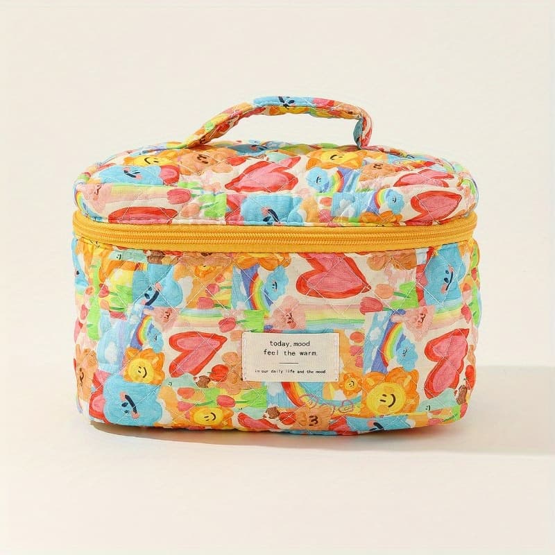 TEMU A Spacious Makeup Bag With A Striped Polka , Made From Portable Featuring Adorable Flowers, Perfect For Travel And Instagram