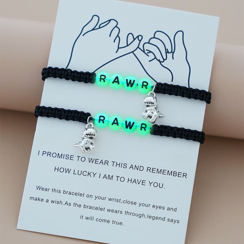 TEMU Luminous Beads Black Rope Woven Bracelet Set, With Dinosaur Pendant And Adjustable Wrist Strap Jewelry Set