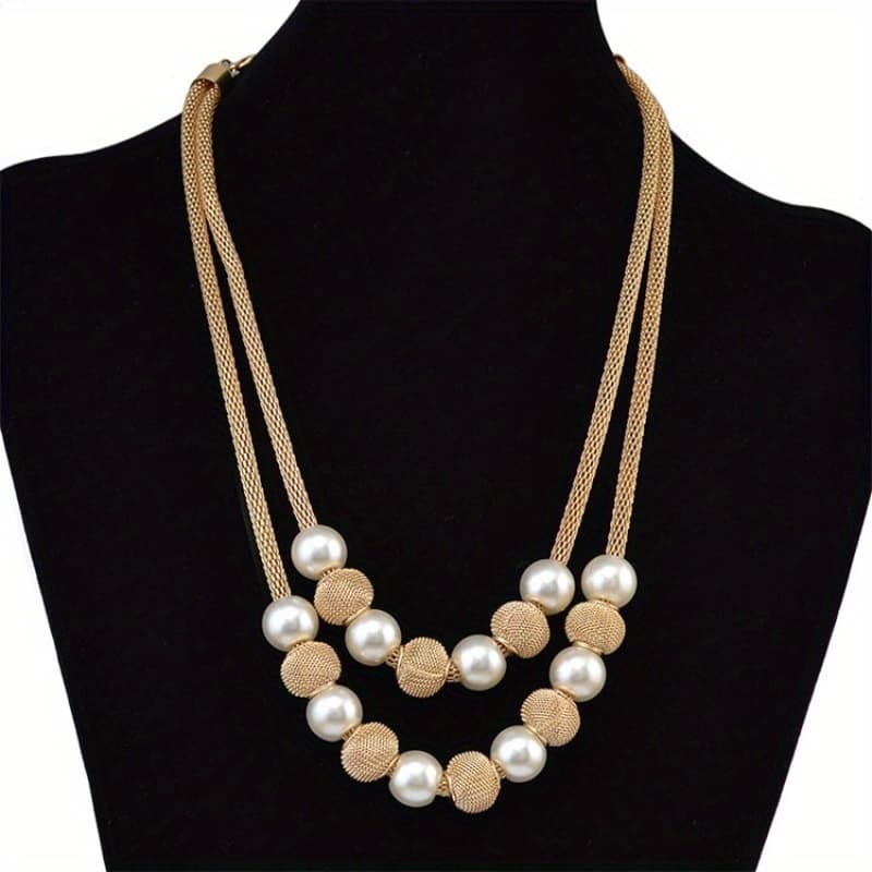 TEMU Elegant Double-layered Pearl Necklace - Vintage & Sexy Golden Long Sweater Chain For Women, Perfect For Parties
