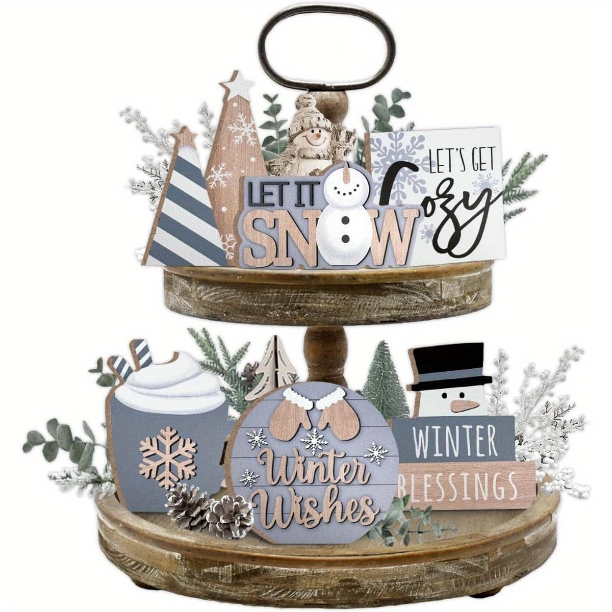 TEMU 1 Set Winter Tiered Tray Decor, Gray Winter Snowflakes Tray Decorations Set, Snowman Wooden Signs, Christmas Rustic Home Decor For Tabletop Shelf Mantel Party