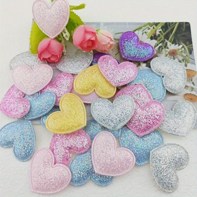 TEMU 50pcs Mixed Color Glitter Heart Patches, 3.5x2.8cm Sparkling Sequin Appliques For Diy Sewing, Hair Clips, Bows, And Hat Decorations