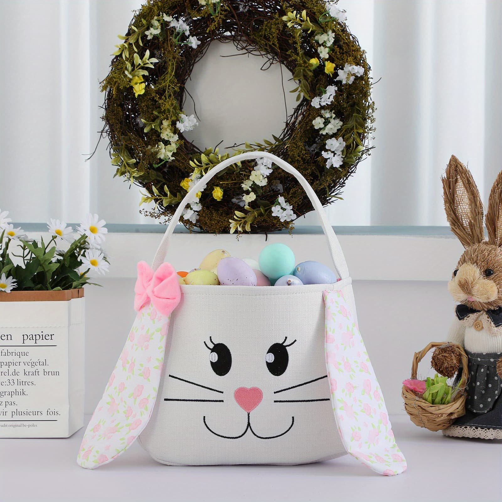 TEMU Easter Basket Canvas Tote Bag With Bow Cartoon Easter Bucket Candy Egg Party Decoration
