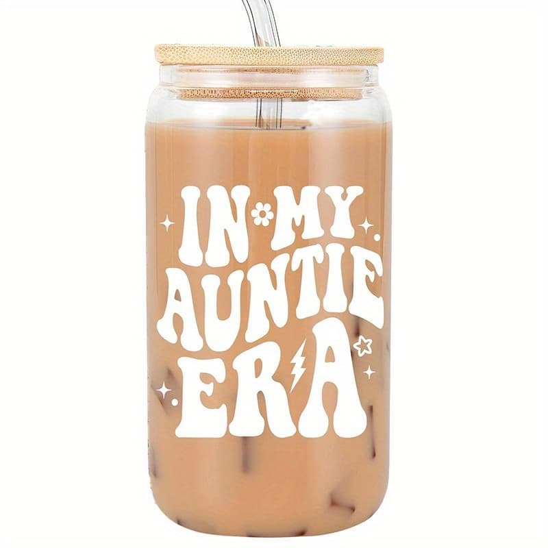 TEMU 1 Set, Cute Aunt Gift - Iced Coffee Cup,16oz Jar Shaped Glass With Lid And Straw - Christmas Birthday Gift For Aunt, Best Aunt, New Aunt - Aunt , Nephew