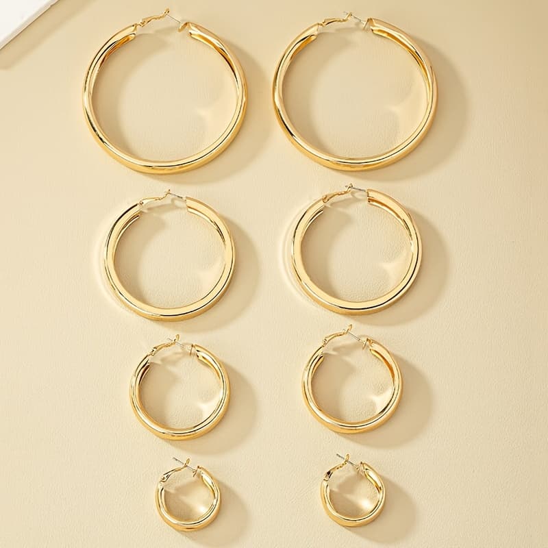 TEMU 4 Pairs Set Of Hoop Earrings Alloy 18k Gold Plated Jewelry Simple Elegant Style For Women Daily Wear
