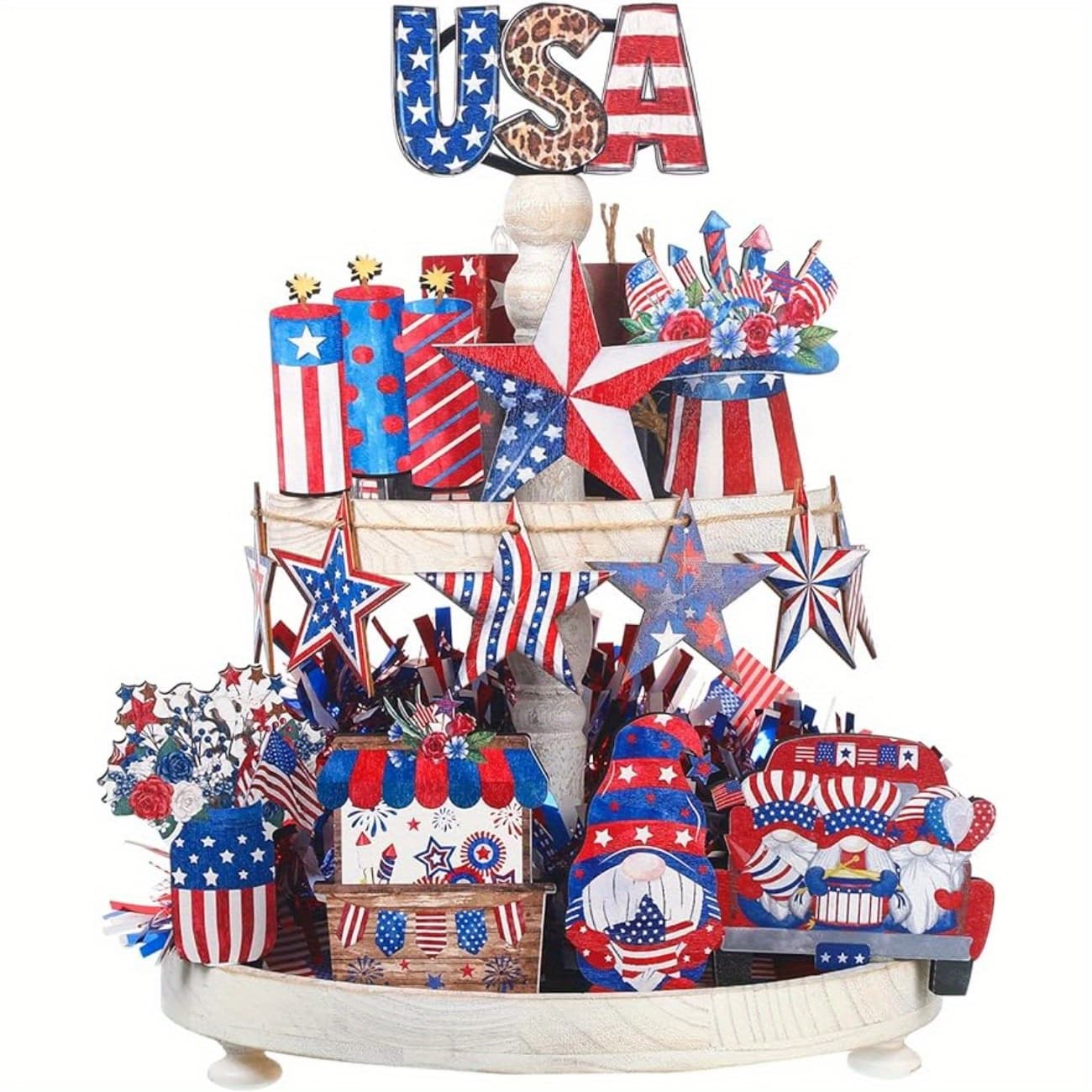 TEMU Tiered Tray Decor Wood Patriotic Decorations Gnome Firework Table Decor Items Farmhouse American Flag Memorial Day Decor For Home