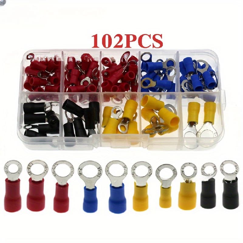 TEMU 102pcs Of Multi- Wire Connectors - Insulated Ring, Fork, And Straight Through Terminals With Transparent Storage Box, Suitable For Diy Cable Projects And Maintenance Purposes