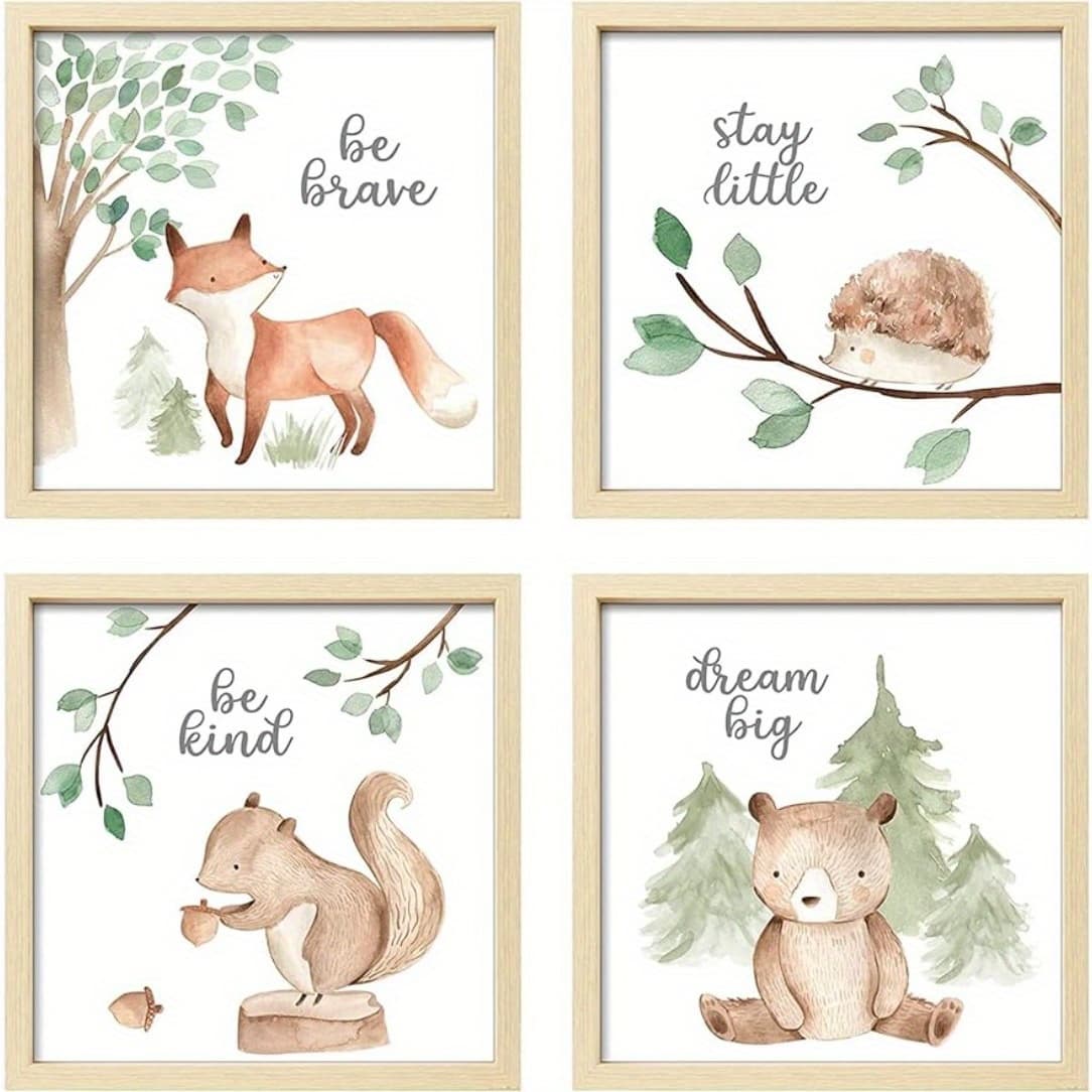 TEMU 2d Flat, 4pcs Unframed Funny Woodland Nursery Wall Art Decor With 8x10 Cute Animals Prints For Playroom Decoration