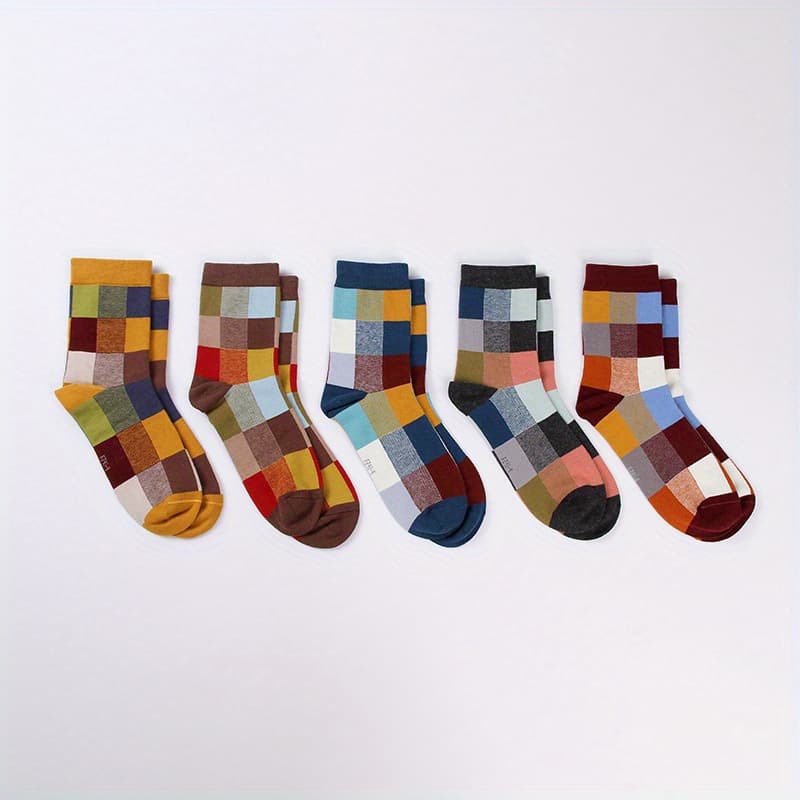 TEMU 5 Pairs Of Men's Checkered Pattern Round Neck Socks, Soft, Comfortable And Breathable, Suitable For Daily Wear And Outdoor Wear, With Random Colors