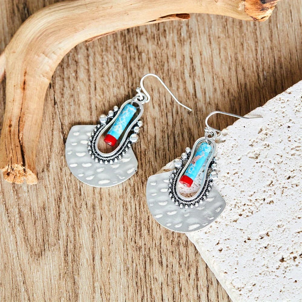 TEMU Bohemian Silvery Drop Earrings With A Fan-shaped Vintage Colorful Pendant, A Creative And Unique Piece Of Jewelry For Party Gifts