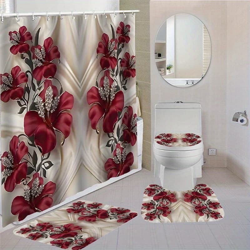 TEMU Home Shower Curtain Sets With 12 Hooks Toilet Seat Cover Bathroom Mat Non-slip Rug Carpet Polyester Fabric Washable Curtain For Windows Bathroom Accessories