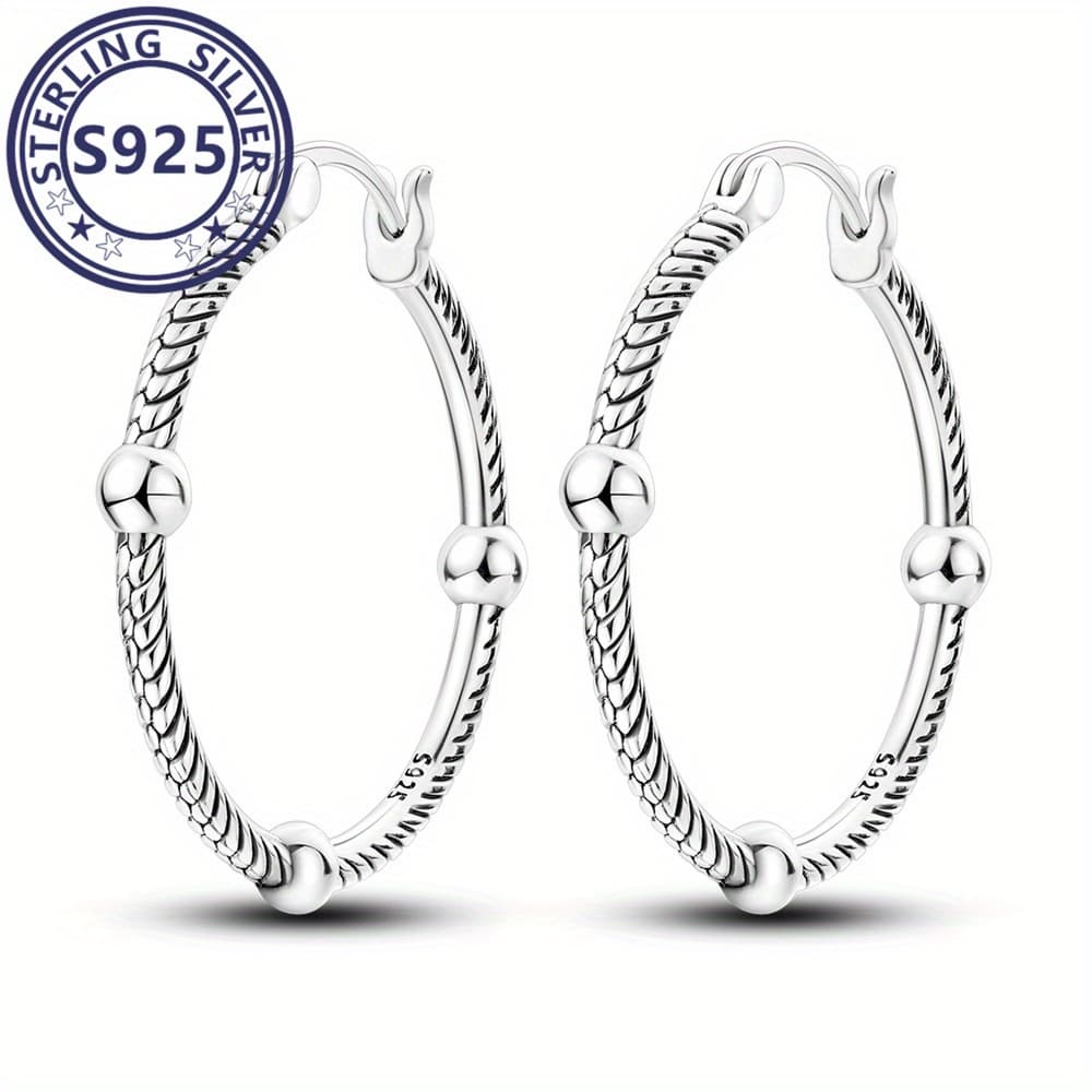 TEMU 925 Sterling Silver 3 Ball Snake Bone Pattern Hoop Earrings - Elegant, Trendy, And Hypoallergenic Ear Jewelry For Women, Perfect Gifts For Any Occasion