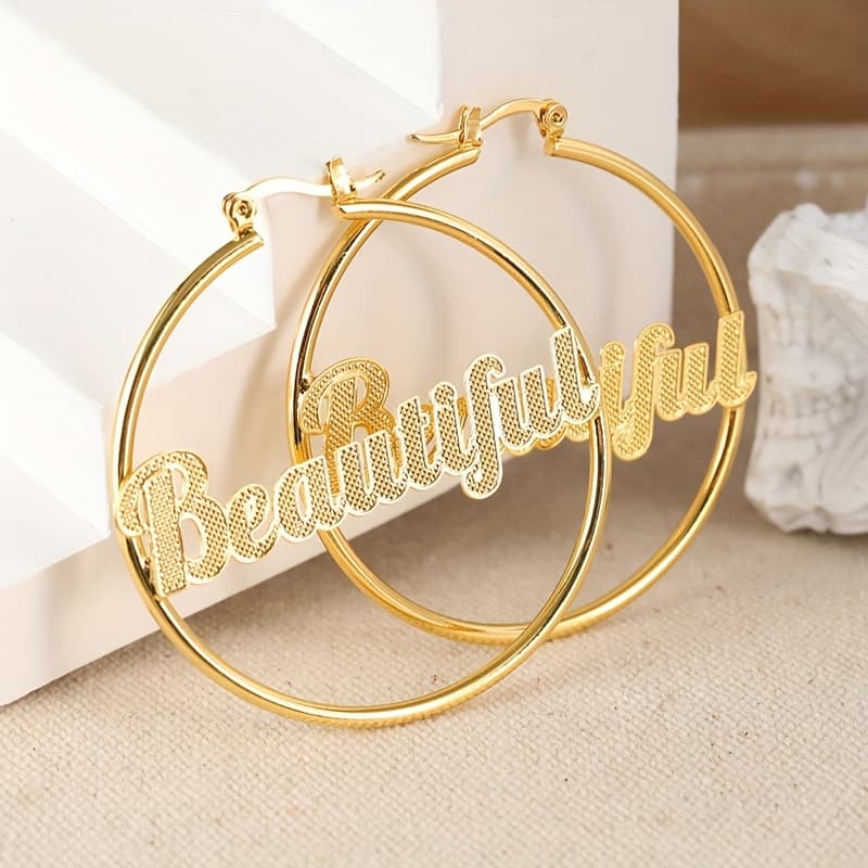 TEMU "beautiful" Inscribed Large Circle Hoop Earrings, Luxury Large Size Statement Earrings Luxury Jewelry For Wedding Anniversary Gifts For Women