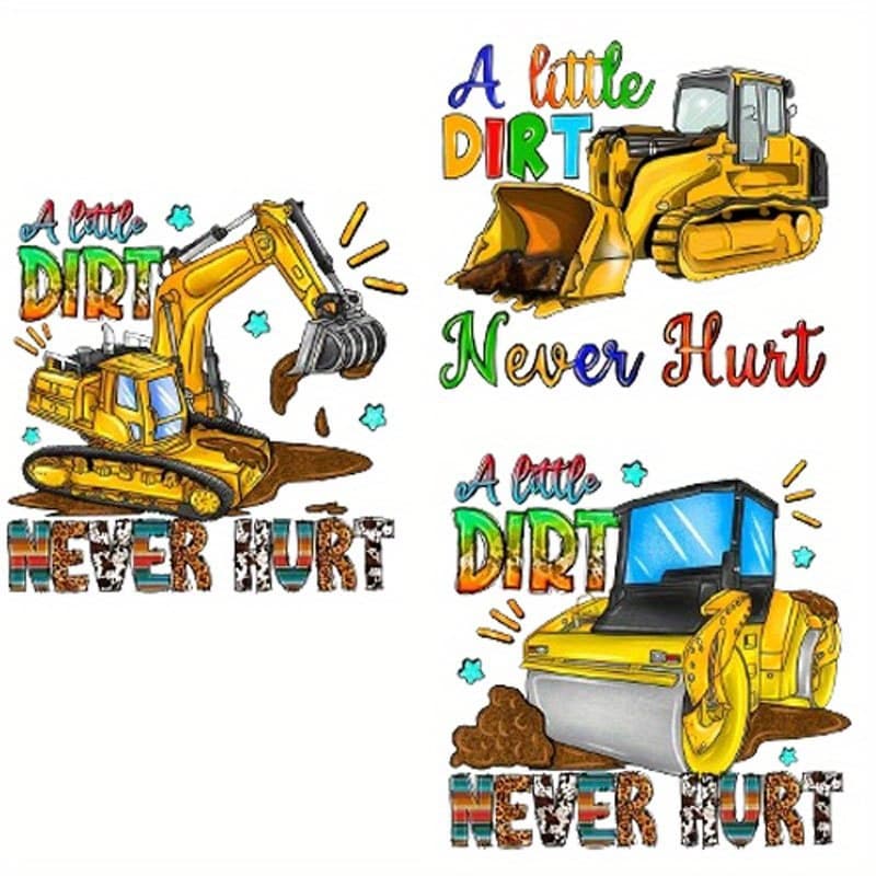 TEMU 3-pack Engineering Vehicle Series Heat Transfer Hot Stamping Diy Excavator Forklift Iron-on Patch Suitable For Shirts, Backpacks, Fabrics Washable Heat Transfer Stickers