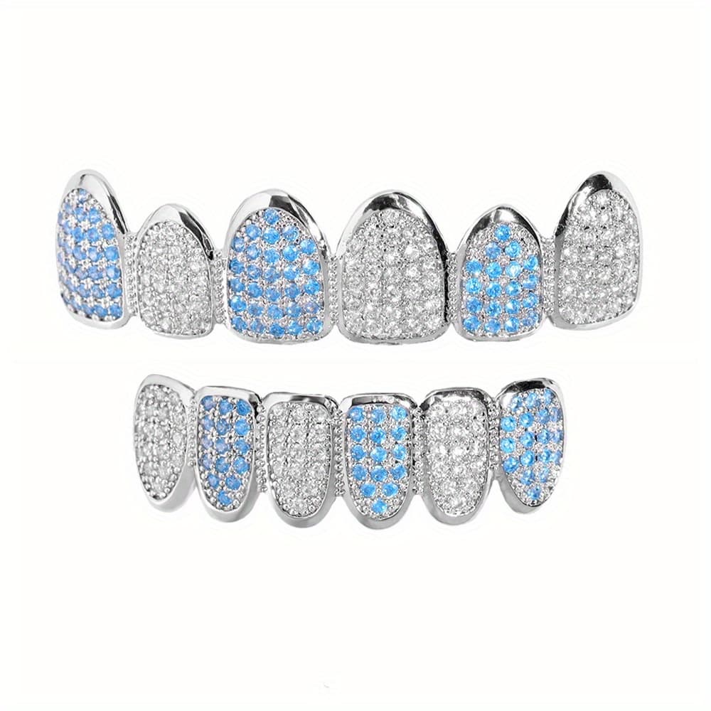 TEMU Hip-hop Ice Fully Synthetic Synthetic Synthetic Zircon Blue Teeth Nail Set - Three-dimensional Micro-inlaid Top And Bottom Two-layer Hip-hop Party Jewelry