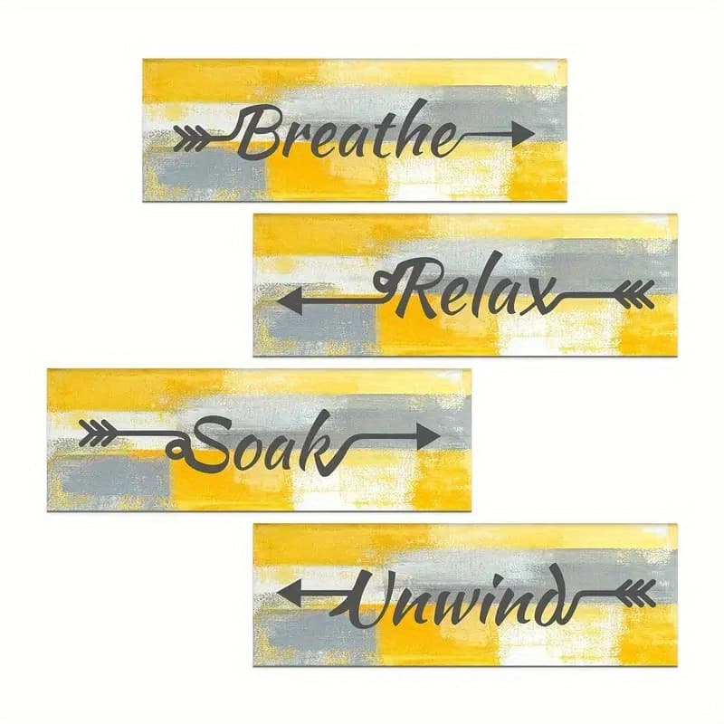 TEMU 4pcs Hanging On The Wall Abstract Bathroom Wall Art, Yellow Modern Wooden Printed Relaxing Hanging Sign For Home Bathroom Decor (with Double Sided Tape) 10 X 4 Inches/25 X 10 Cm