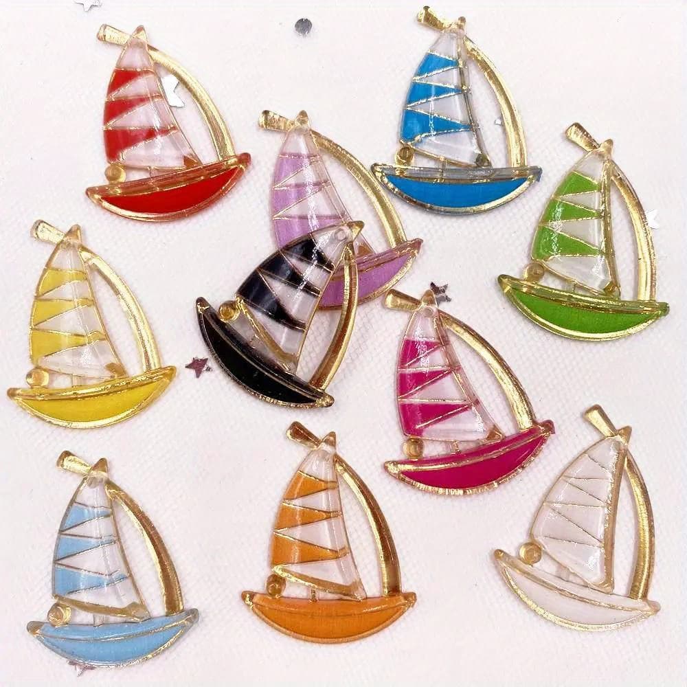 TEMU 2d Flat - 10pcs Mixed Resin Colorful Sailboat Figurines Flat Back 1 Hole Charm Pendants Additions Crafts Jewelry Supplies