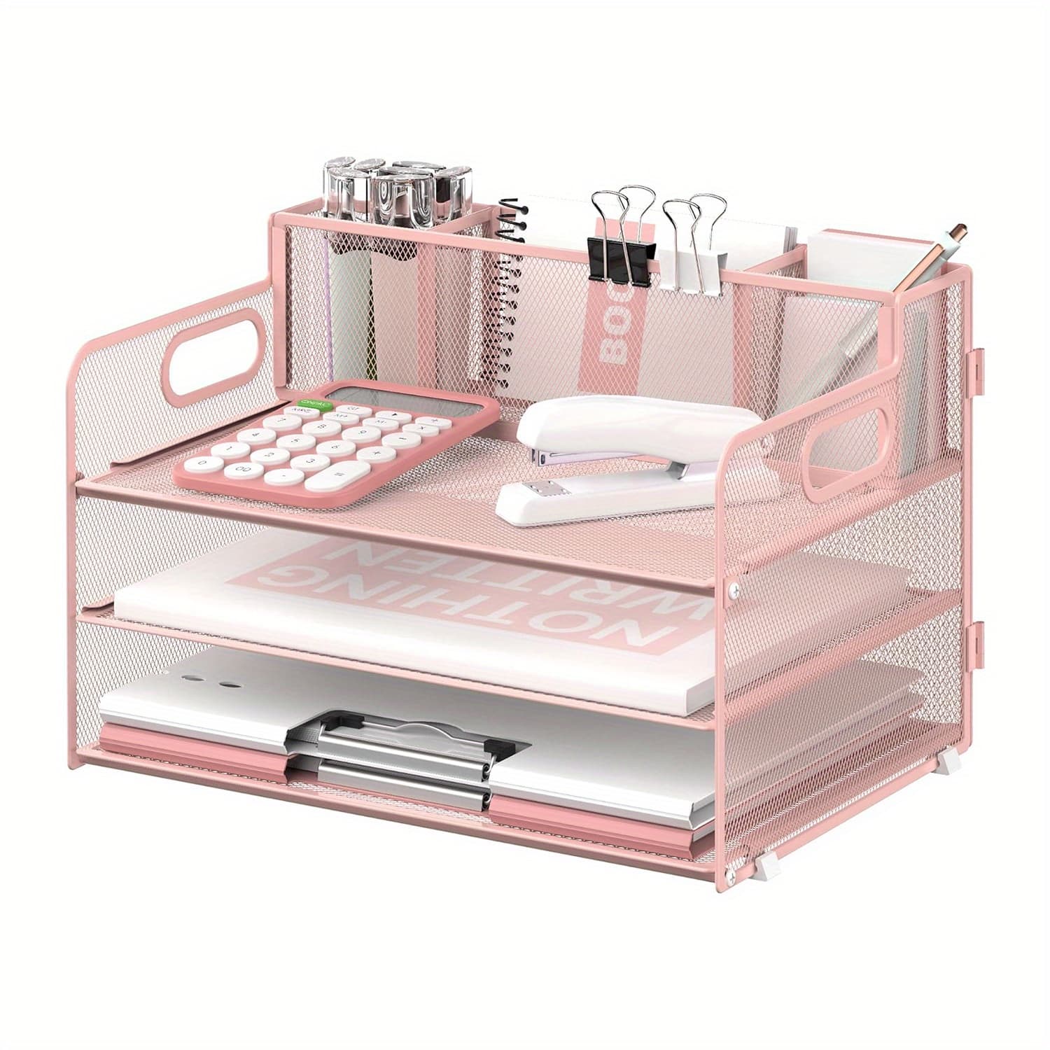 TEMU Sharkwoods 3 Tier Desk Organizer With Handle & 3 Pen Holders, Paper Letter Tray Organizer For Office Supplies, Mesh Paper/file Organizer For Desk (pink)