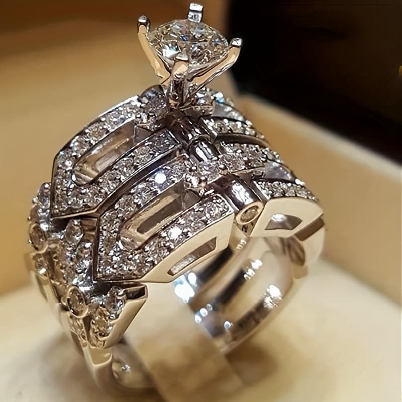 TEMU 2pcs Gorgeous Stacked Ring Set With Sparkling Zirconia Engagement And Wedding Rings, Suitable For Multiple Sizes Evening Decoration