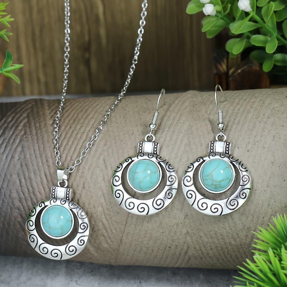 TEMU 1 Pair Of Earrings + 1 Necklace Vintage Jewelry Set Engraved Pattern Inlaid Synthetic Turquoise Daily Wear Party Women's Additions