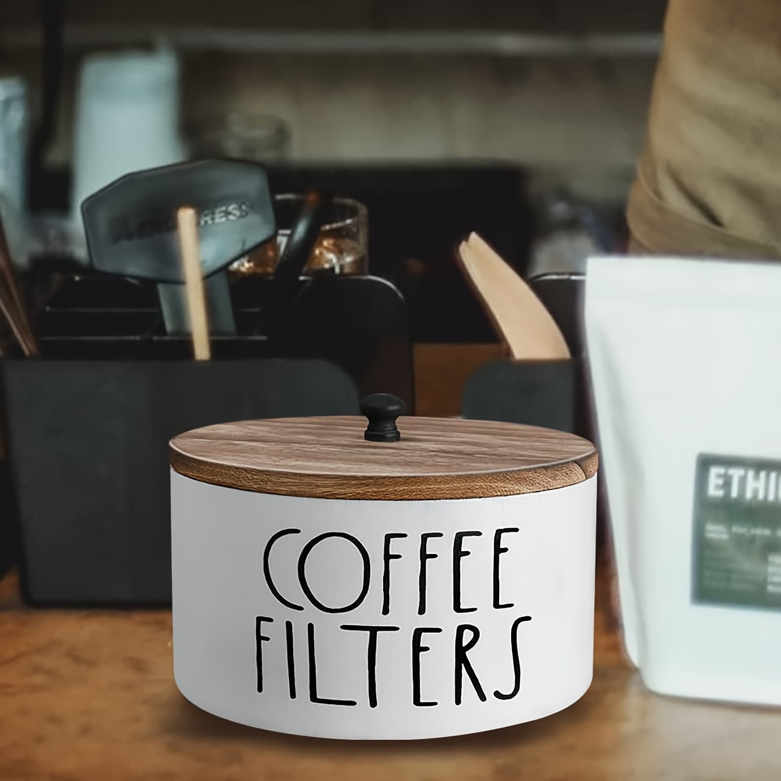 TEMU 1pc, Coffee Filter Holder Wood Coffee Filter Storage Container Coffee Filter Dispenser With Lid, Rustic Farmhouse Coffee Filter Organizer Basket Accessories For Coffee Bar Counter Decor