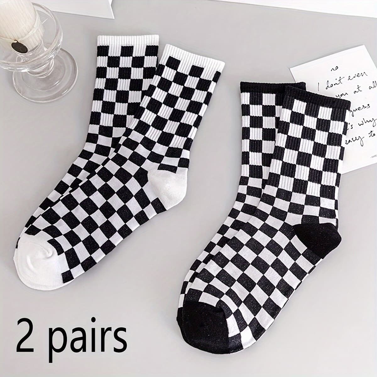 TEMU Sokuci Checkerboard Mid-calf Socks - Breathable Sports Socks With Color , Elastic Ribbed Cuffs For , Unisex Casual & Athletic Wear (black & White), Comfortable Sock Fabric