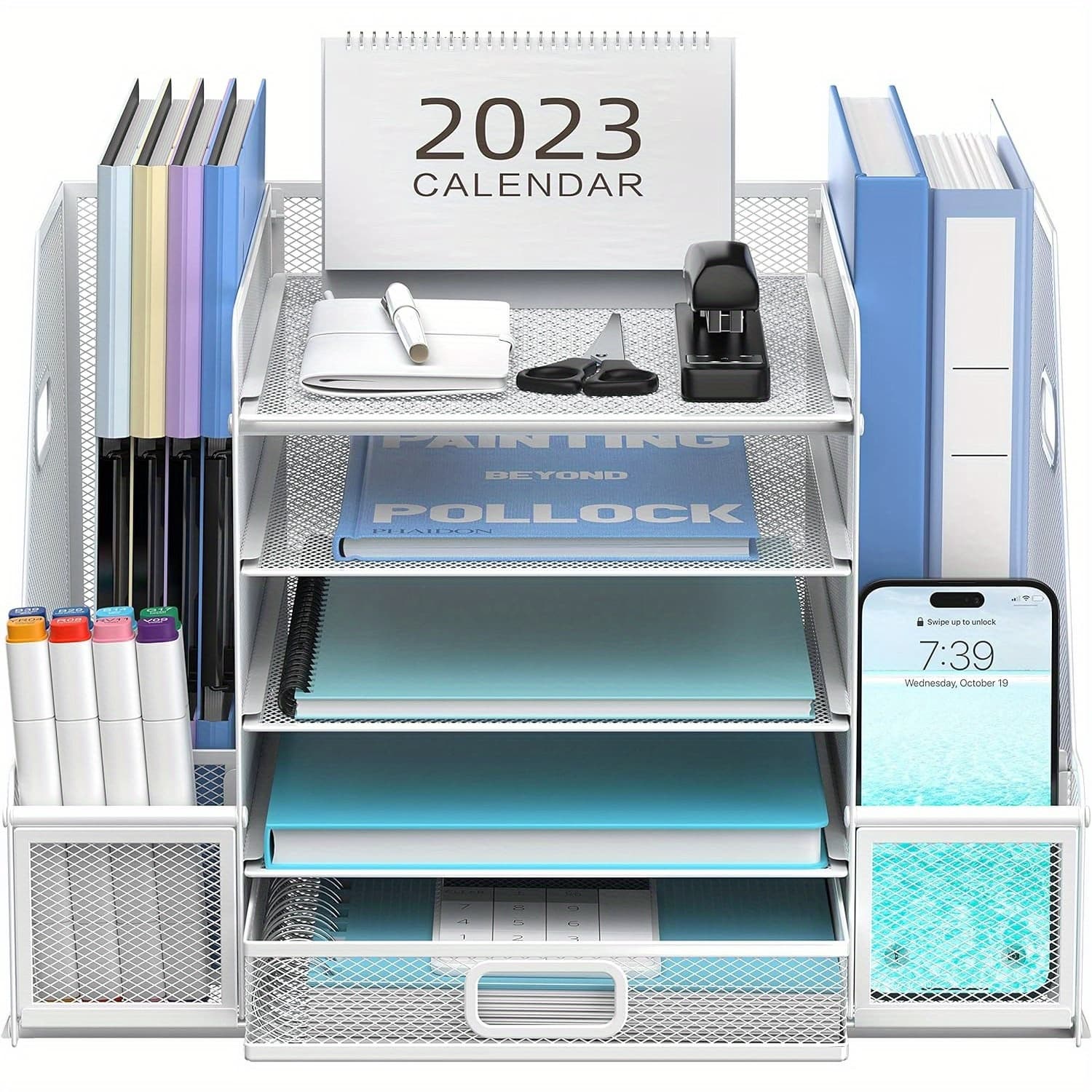 TEMU Supeasy 1pc 5-tier Mesh Desk Organizer With Magazine Holder, Polished Iron, Drawer & File Storage - Ideal For Office Supplies, Home