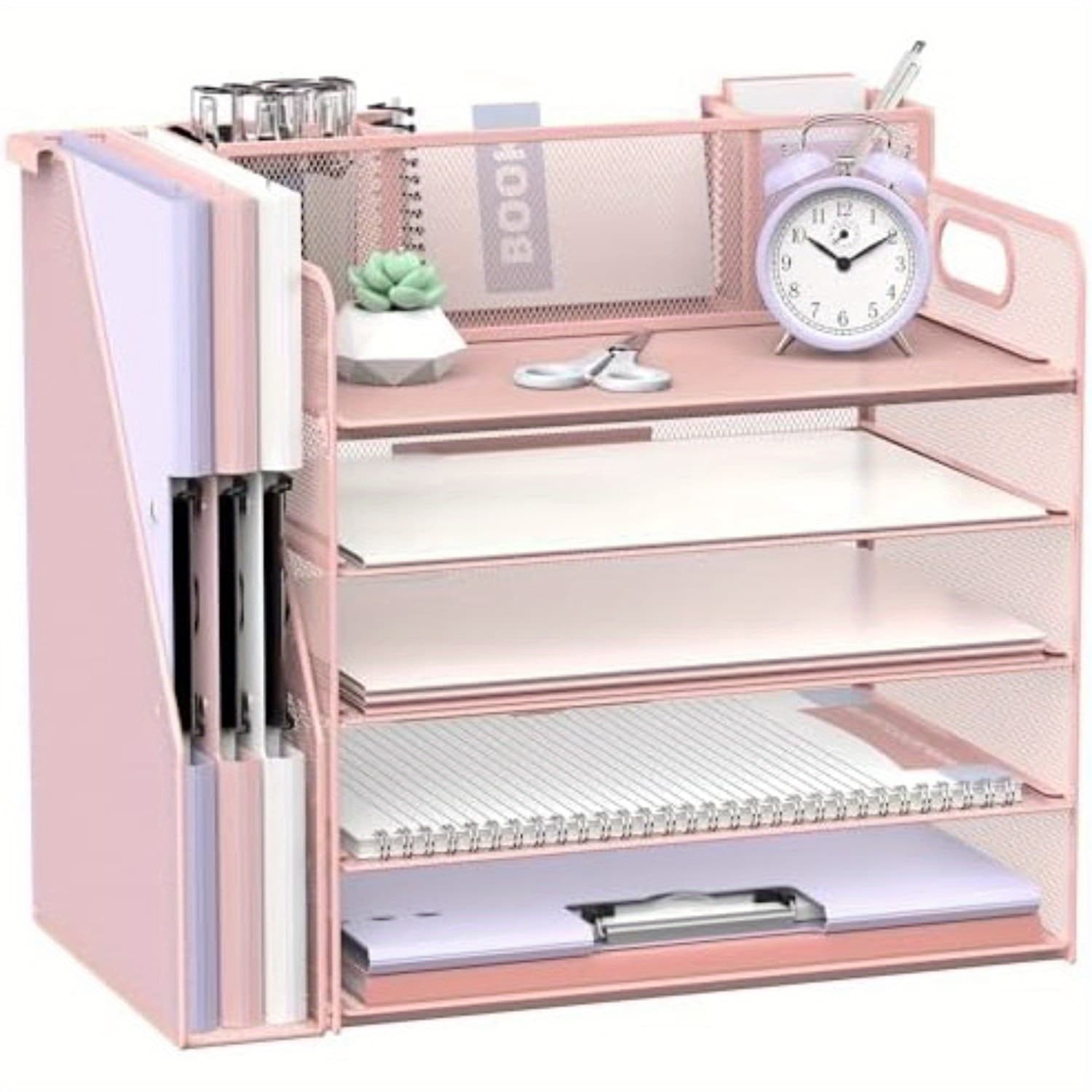 TEMU Supeasy 5 Tier Desktop File Organizer With 3 Pen Holders, Desk Organizer With File Holder, Paper Letter Tray For Office & Storage, Mesh Desk Accessories & Supplies