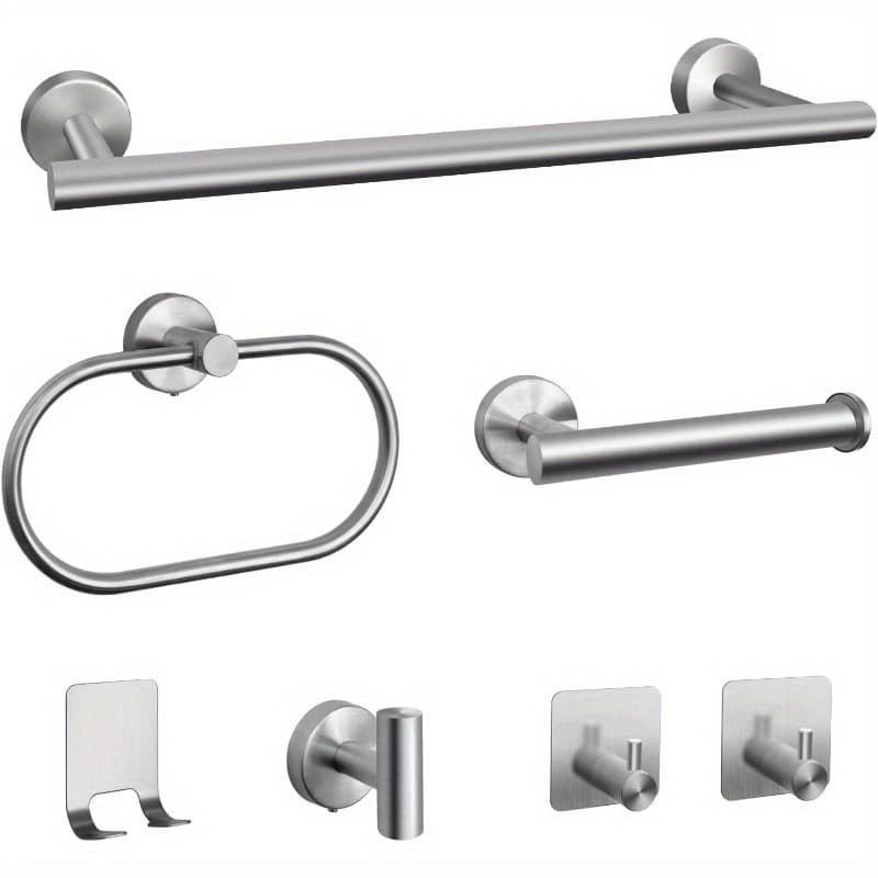 TEMU 7pcs Bathroom Hardware Set, Matte Black Stainless Steel Bathroom Set Wall Mounted Includes 16" Towel Bar, Toilet Towel Paper Holder, Towel Ring, 4 Robe Towel Hooks