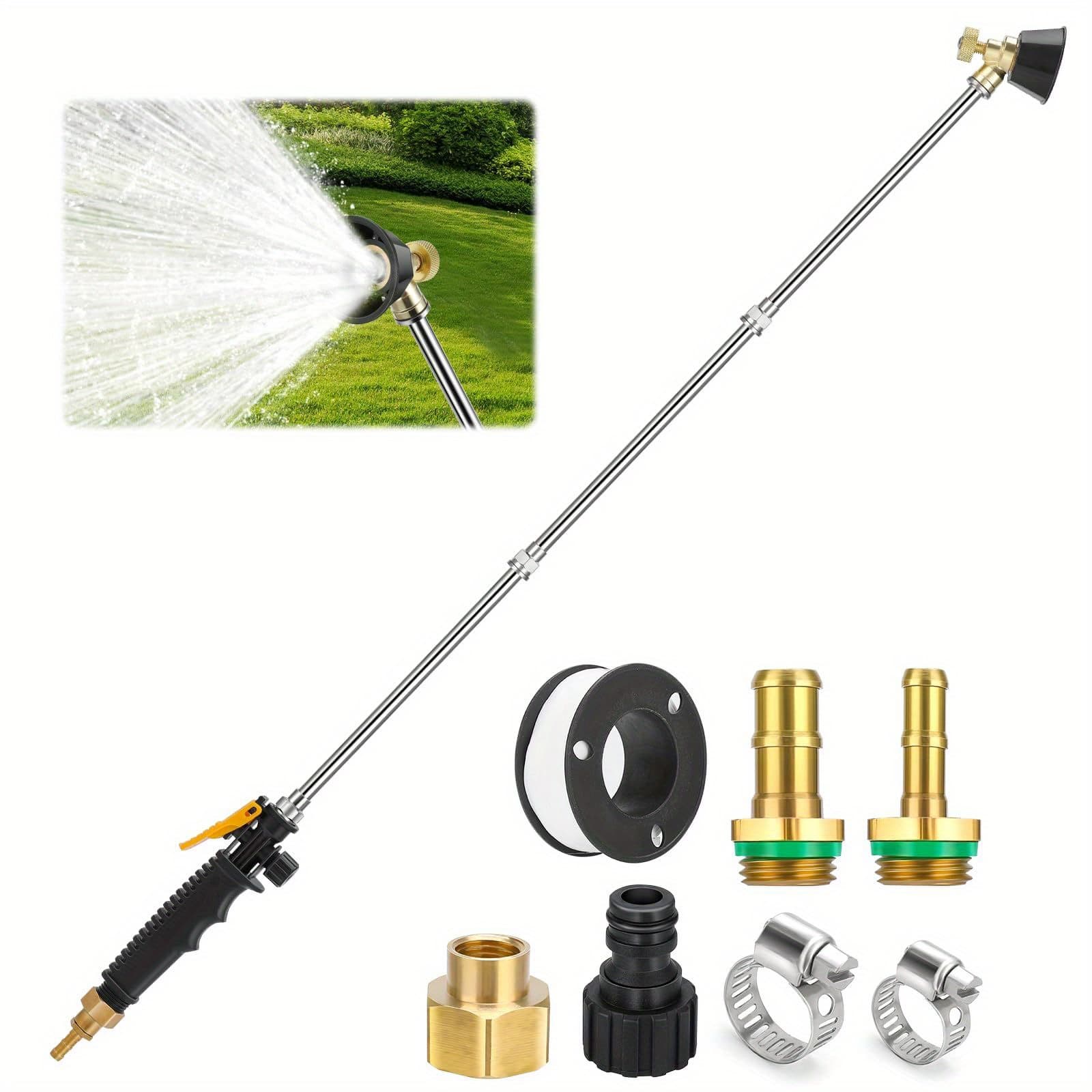 TEMU Inch Sprayer Wand, 3/8" & 1/4" Brass Universal Sprayer Wand Replacement, Stainless Steel Sprayer Parts With Shut Off Valve & 2 Hose Clamps, Spray Wands For Garden Hose, 1/2" Connector