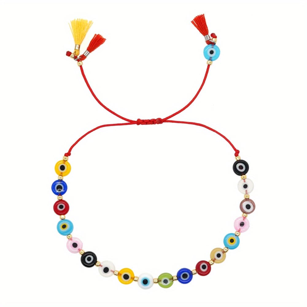 TEMU Boho-chic Evil Eye Glass Bead Bracelet - Colorful Summer Friendship Jewelry, Charm For Women, Perfect Gift, Bohemian Style, Glass Beads