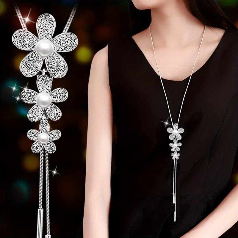 TEMU 1pc 3 Flower Pendant Necklace Inlaid Faux Pearls Elegant Long Chain Sweater Necklace Sweet Gifts For