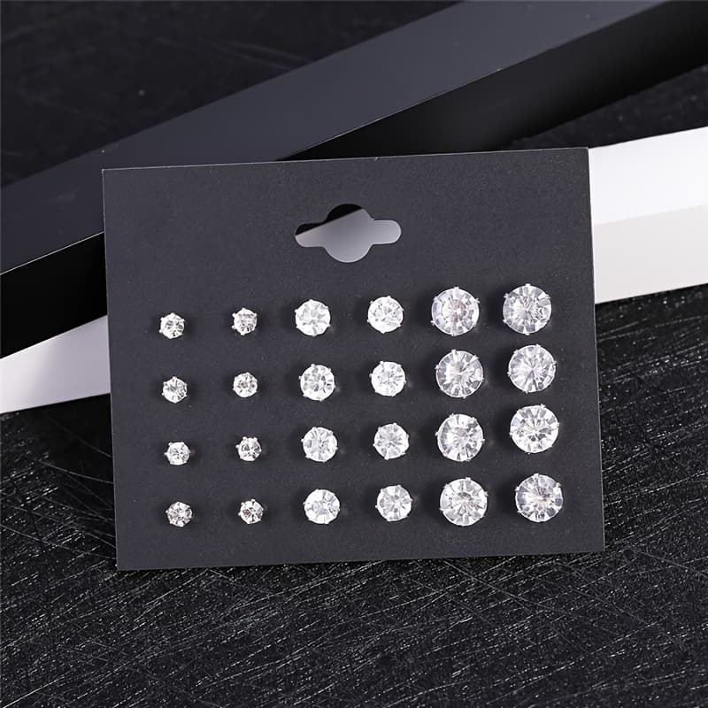 TEMU 12 Pairs/set Of Women's Cubic Synthetic Zirconia Earrings - Hypoallergenic, Daily Shiny, Simple And Elegant Design