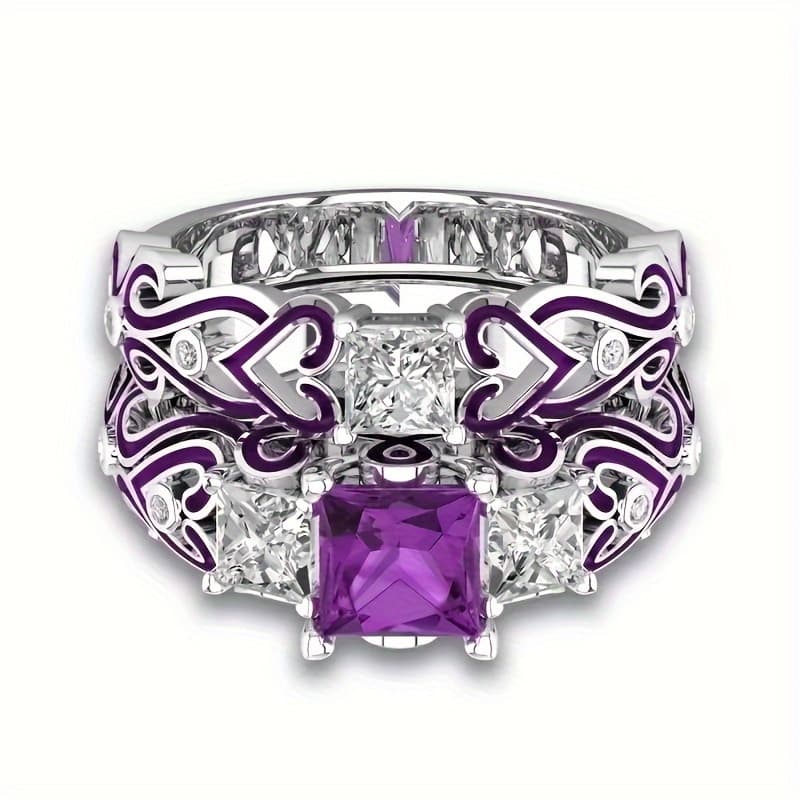 TEMU 1 's Fashionable Purple Couple Engasynthetic Gemstoneent Ring Set With Synthetic Zirconia, Women's Copper Material Fashionable Ring