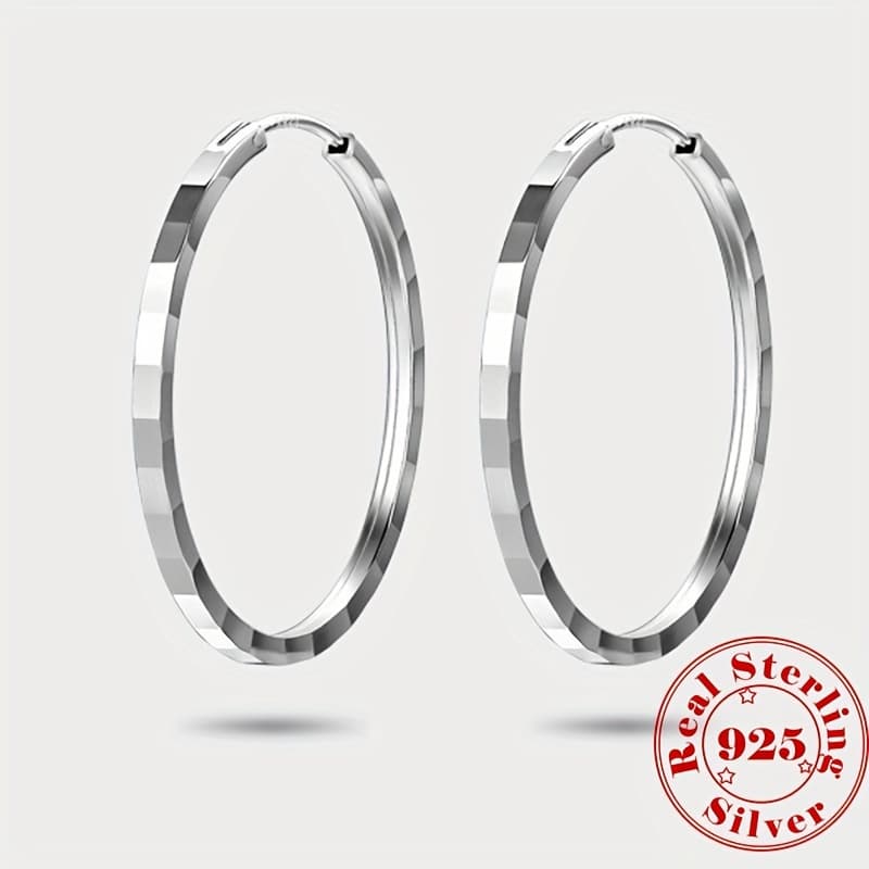 TEMU 1 Pair Of Elegant S925 Sterling Silvery Earrings Sterling Hinge Hoop Earrings - Prevent Allergy - Embossed Square Design - Daily Wear - Perfect Gift