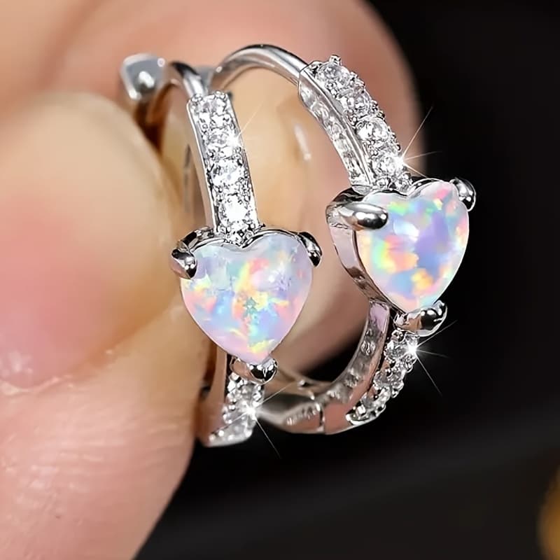 TEMU Bohemian Style Heart-shaped Opal Stud Earrings With Cubic Zirconia Accents - Elegant Alloy Hoops For Women, Ideal For Engagement, Parties & Gifts - Versatile Summer Fashion Jewelry