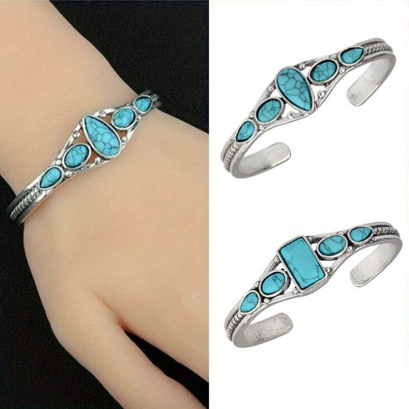 TEMU 925 Pure Silvery 2pcs/ Set Bohemian Style Retro Turquoise Carved Hollow Geometric Bracelet With Adjustable Opening