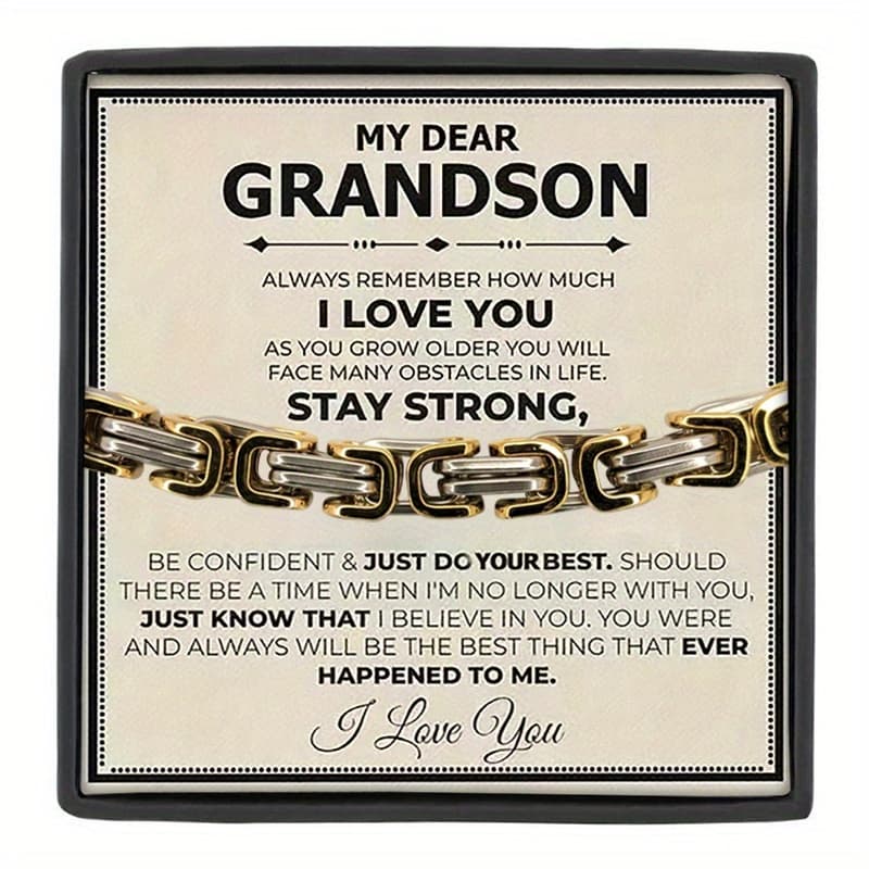 TEMU To My Grandson Stainless Steel Bracelet With Gift Card Gift Box Jewelry Gift For Adult Grandson, Graduation Gift, Birthday Gift, Christmas Gift
