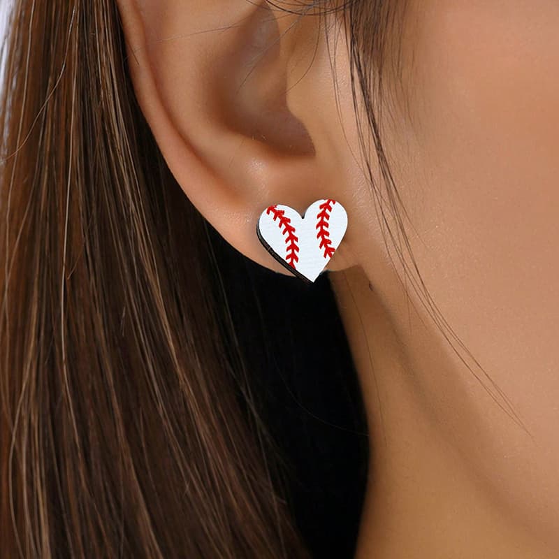 TEMU Sporty Baseball Heart Stud Earrings: Perfect For Parties And Festivals - Women's Fashion Jewelry
