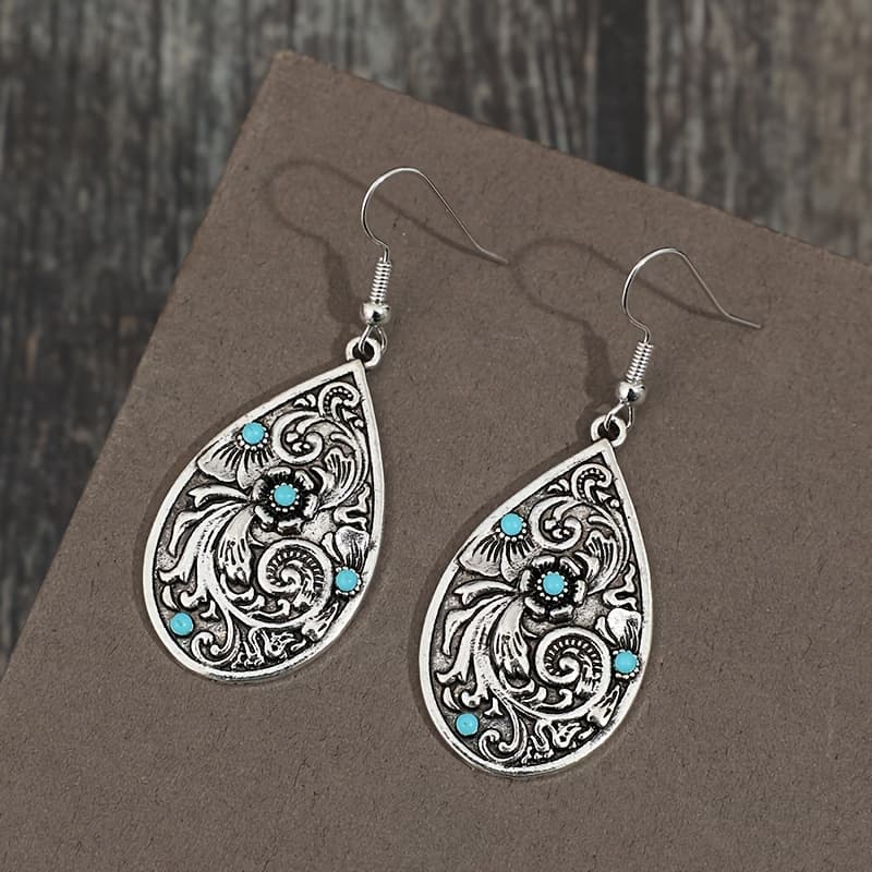 TEMU Enchanting Vintage Turquoise Earrings - Intricately Carved Droplet Shape With Vibrant Flower Pattern - Swinging Dangle For Bohemian Chic Style - Ideal For Vacation & Holiday Adventures