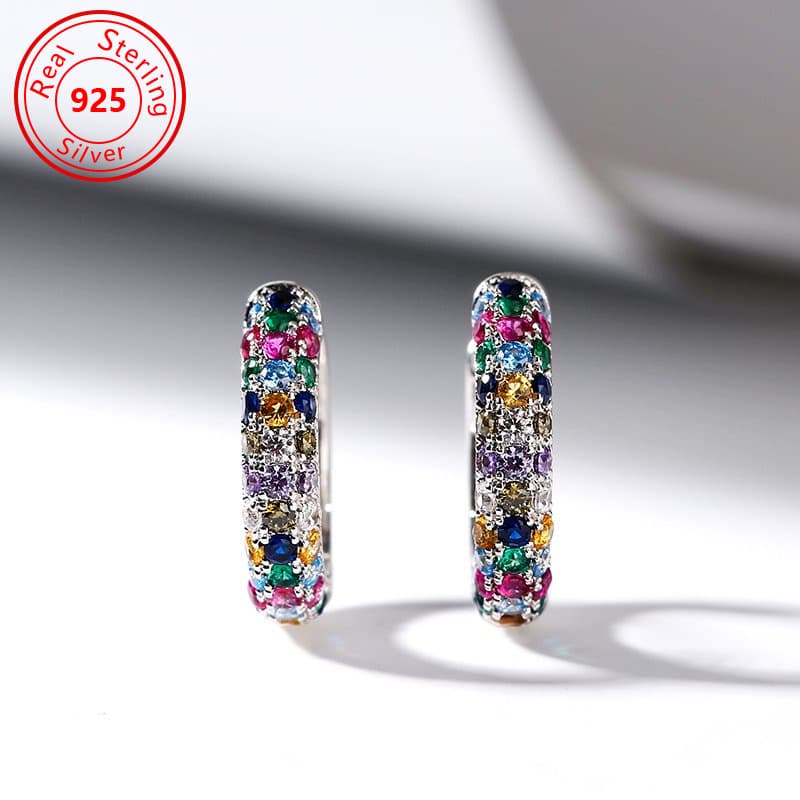 TEMU A Pair Of Elegant 925 Sterling Silver Hoop Earrings - Low Allergy - Bohemian And Vintage Style With Sparkling Colorful Zirconia - Perfect For Occasion, Festival Gift