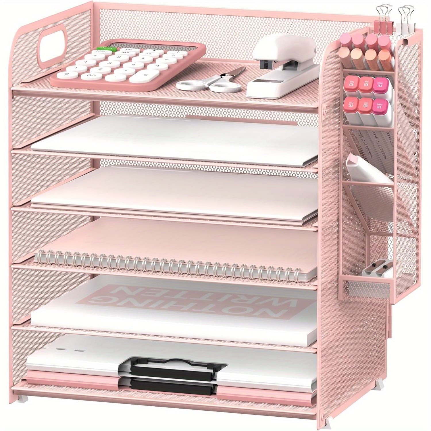 TEMU Jmhud 6-level Paper Organizer Featuring 4 Pen Holders, A Paper Tray Organizer With Handle, And A Mesh Desk Organizer For A4 File Folders