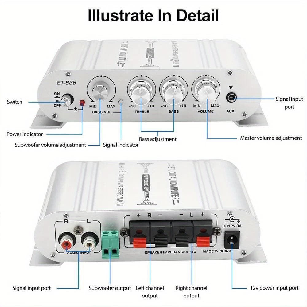 TEMU St-838 Car Audio Amplifier 2.1 Channel 400w - 12v Vehicle Sound System Stereo - Aluminum Alloy Housing (silvery)